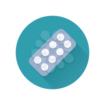 Pills vector illustration in flat style design. Variety types of drugs, dragees, gelatin capsules, pill. Antibiotic, analgesic, antidepressant. Pharmaceuticals goods. Isolated on white background.