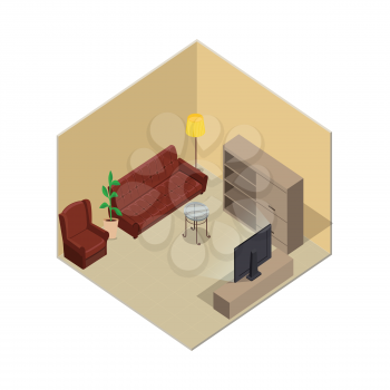 Apartment illustration in isometric projection. Room interior with furniture, walls and floor. Illustration for app icons, infographic, logo, web and games environment design. Isolated on white  