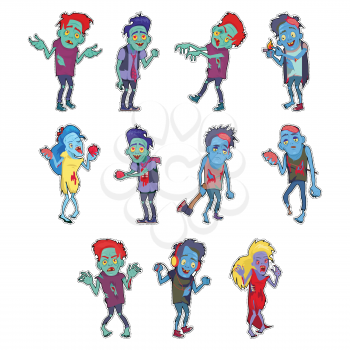 Zombie sticker with patch fashion pins fictional undead beings set. Created by reanimation of human. Science fiction cartoon in flat style. Radiation, mental diseases, viruses, scientific accidents