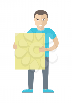 Smiling man character holding blank cardboard placard flat vector illustration isolated on white background. Message board with copy space. Presentation, advertising, promotions design