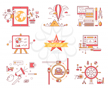 Set of web icons in flat style. E-commerce. Travelling on balloon, computer technologies, diagrams and charts, best seller, communication system, chat sign, vector infographics, online games concept.