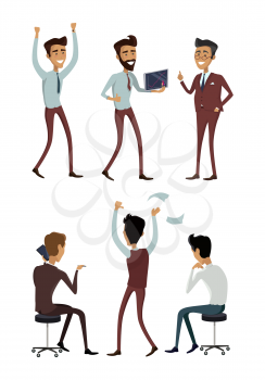 Set of business characters in flat style design. Successful people vector collection. Businessman at work. Getting result, good managing, success celebration, making calls, finding idea concepts.