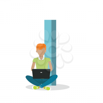 I letter and boy sitting with laptop isolated. Social network. Alphabet with cartoon pictures of people using modern computer technologies for communication. Flat design. ABC vector