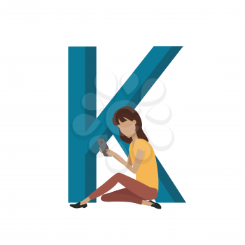 Alphabet mobile people illustration. Flat design. ABC vector with human using computer and mobile device. Girl seating on letter K and working on mobile phone. Social network communication concept