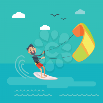 Kitesurfing vector concept. Joyful man holding kite and sliding on sea surface on surf flat vector. Leisure on summer vacation. Resting on tropical seacoast. For kiteboarding club, travel company ad  