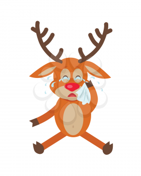 Cute deer wipes tears cartoon. Upset horned reindeer seating and crying with handkerchief in hand flat vector illustration isolated on white background. For icon, emotion concepts, web design