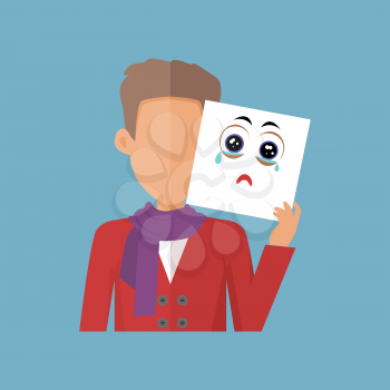 Young sexy boy with a sheet of paper expressing emotion of sadness. Person covers his real feelings under artificial mask. Part of series of people in different emotional states. Vector illustration.