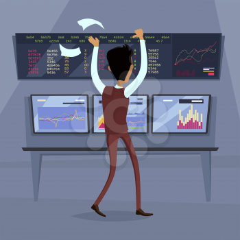 Business success illustration. Flat style design vector. Great deal, good day concept. Happy man with raised hands enjoying his success. Getting result. Online trading. Isolated on white background.