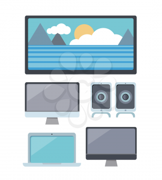 Set of computer monitor, laptop, audio speaker, LCD TV monitor. Multimedia entertainment. Computer devices. Multimedia set for home. Isolated object on white background. Flat vector illustration