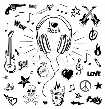 Headphones and electric guitar monochrome sketches icons vector. Audio and stereo sound, rock sign and skull with bones symbol. Revolver and star