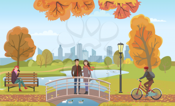 Couple people in love on bridge feeding animals autumn vector. Woman talking on phone sitting on wooden bench. Biker with protective helmet riding