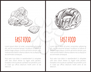 Fast food chips and sweet donut with chocolate topping set. Fried potatoes slices salty products. Glazed product monochrome sketches outline vector