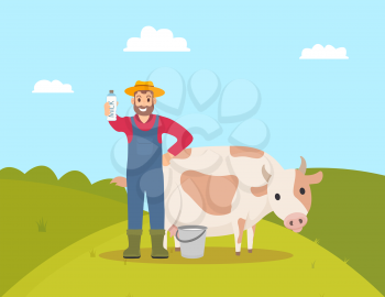 Farmer with milk package dairy product in hand vector. Farming person with animal cow, livestock tending for cattle. Hill and bushes, sky with clouds