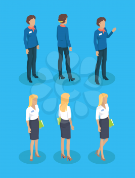 Woman guide with decorative bow on neck. Consultant lady with name tag on blouse wearing heels. Blonde and brunette workers set isolated on vector