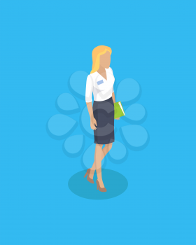 Woman wearing blouse and skirt classy style of secretary. Lady holding book document in hands. Blonde person intelligent worker buinsesslady vector