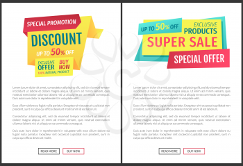 Special promotion discount offer posters with text sample set. Exclusive products buy now super sale shopping with money saving. Good deal vector