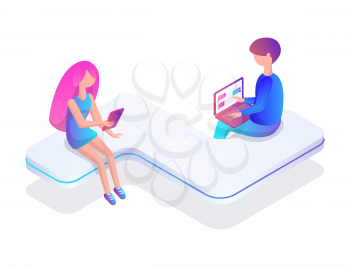Male and female, people chatting isolated icon vector. Teenagers boy and girl using laptop and tablet devices to speak with friends in web pages chat