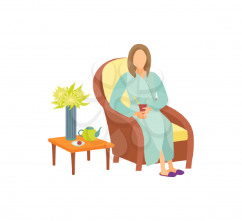 Woman sitting on armchair in resting room cartoon vector icon. Lady in home bathrobe and slippers relaxing and drinking tea, coffee table with teapot