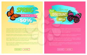 Big spring discount half price 30 off labels posters butterflies, spots on wings, vector advertisement stickers on online banners springtime