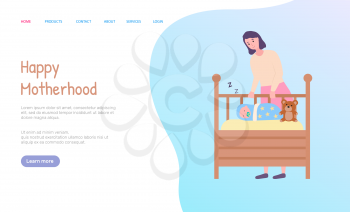 Happy motherhood web, mother standing near wooden baby bed with sleeping newborn and teddy toy. Portrait view of parent and little child vector. Website or webpage template, landing page flat style