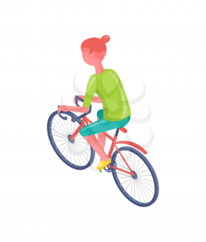 Person sitting on bicycle, woman in sportswear driving eco transport, cyclist healthy activity outdoor, leisure biking, active lifestyle of human vector