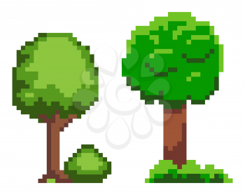 Tree and bush symbol of pixel game, forest element of decoration, green wood and grass, pixelated nature symbol on white, environment object vector