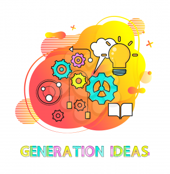 Generation ideas vector, gears and cogwheels instrument tool denoting process, lightbulb electric bulb and book printed edition for education flat style
