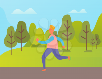 Man jogging in green city park vector character in cartoon style. Sportive jogger running among trees and bushes, active way of life at spring or summer