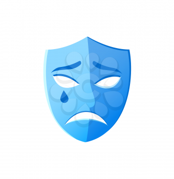 Depressed face on mask vector, theater isolated icon drama performance, unhappy disguise with tear drop, pantomime and classical tragedy play weeping