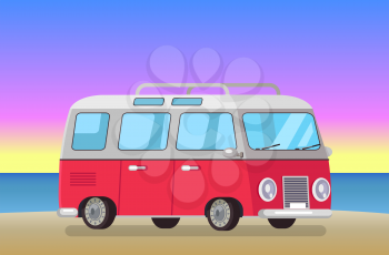 Cute bus on evening beach, vector illustration summer time, beautiful sunset red vehicle with reflections in glass, pleasant night at sandy shore.