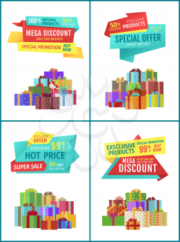 Mega discount, special offer, hot price clearance sale banners variation for commerce. Giftware exclusive products to buy now phrase for shop sellout.