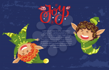 Joy postcard with funny elves characters jumping and tumbling. Winter holiday card with smiling gnome and text template on blue background with pattern. Christmas heroes and wishes on New Year vector