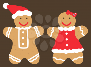 Xmas cookies baked for christmas celebration. Isolated male and female characters with smiling faces and funny costumes. Man wearing santa claus hat and woman with bow on head. Vector in flat