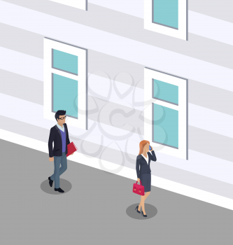 People walking on street road. Man holding file folder and business lady talking on phone consulting people clients. Building with windows vector