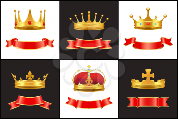 Banner and corona icons set. Vintage stripes for slogan and diadems crowns made of gold. Queens and kings royal symbols of monarchy isolated  vector