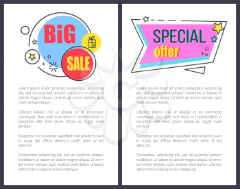 Big sale special offer promo sticker with stars, advertisement logo design proposal vector illustration badge label with text isolated on poster