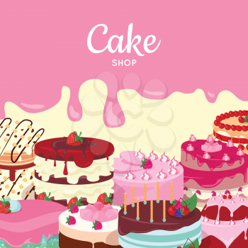 Cake shop. Set of decorated cakes with colored frosting, fruits and chocolate. Vector in flat style. Confectionery. Dessert. For pastry shop ad, birthday or wedding greeting cards design, diet concept
