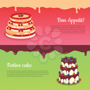 Bon appetit. Festive cake web banner. Chocolate cake bakery isolated design flat. Birthday cake, dessert and cookies, sweet confectionery, delicious cream, tasty pastry cake. Vector illustration