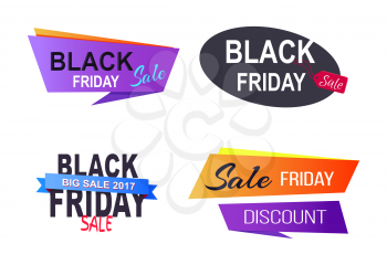 Black Friday sale, discount badges, advertisements dedicated to special day once a year, sticker with text on vector illustration isolated on white