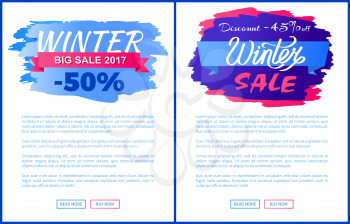 Big winter 2017 discount on icy signs on white background. Vector illustration with colorful tags with half price off sale promotion banners with text