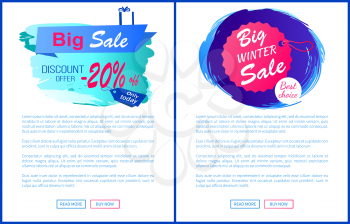 Big winter sale discount 20 offer best choice hanging label on thread isolated on blue brush strokes vector posters design with web online buttons