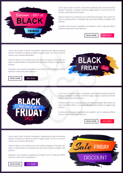 Black Friday set of web posters with labels informing about best discounts off, internet pages collection with unique stickers, information sample vector