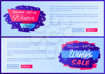 Discount -25 off winter sale, discount -45 off, collection of pages with titles and text, buttons that say read more and buy now vector illustration