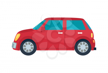Red compact hatchback vehicle with blue small windows and yellow headlamps. Vector illustration of car isolated on white background