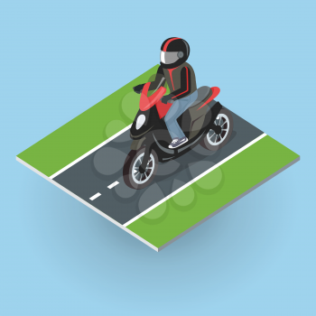 Motor bike on the road. Top view on motorized bicycle. Flat 3d isometric high quality city moped design. Motorcycle or autobike dirtbike . Part of series of city isometric. Vector illustration