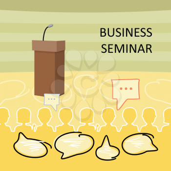 Business seminar background. Wooden speaking tribune with microphone on background of full audience hall. Presentation before an audience, audience questions, business seminar concept. Flat design.