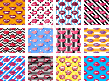 Womens lips seamless pattern. Sensitive open mouth with shining teeth flat vector illustration on white background with stripes. For gift wrapping paper, greeting cards, invitations, print design