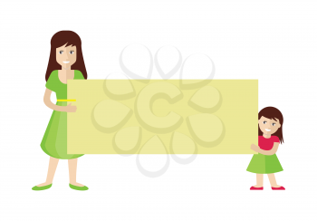 Smiling woman and cute little girl holding blank cardboard placard flat vector illustration isolated on white background. Message board with copy space. Presentation, advertising, promotions design