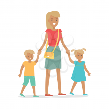 Woman and two children isolated on white. Family entertainment banner. Female with adorable son and daughter. Happy childhood concept in flat style design. Vector illustration. People society