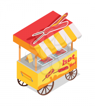 Hot dog cart store. Street eatery on wheels with fried sausages on sticks isometric vector illustration isolated on white background. For fast food cafe ad, apps icon, game environment design